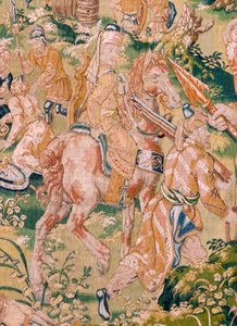 フランダースのタペストリー。 シリーズ：ジュディスの本。 ホロフェルネスの宴会 (El banquete de Holofernes)。 シリーズ第6弾のタペストリー。 製造: オランダ、ブリュッセル(?)。 16世紀後半。 生地: ウール. 場所: バーリの聖ニコラス教会 (m 作： Flemish School