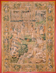 フランダースのタペストリー。 シリーズ The Book of Judith. ジュディスはホロフェルネスの頭を見せます (Judith muestra la cabeza de Holofernes)。 シリーズ9作目のタペストリー。 製造はオランダ、ブリュッセル(?)。 16世紀後半。 ファブリック ウール。 ロケーション聖教会 作： Flemish School