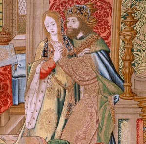 フランダースのタペストリー。 シリーズ ダビデとバテシバの歴史。 David と Bathsheba の結婚 (Casamiento de David y Betsabé)。 シリーズの 2 番目のパネル。 モデル名無し。 メーカー不明、ブリュッセル。 1505. ファブリック ゴールド、シルク、ウール。 作： Flemish School