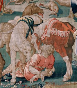 フランダースのタペストリー。 シリーズ ヘラクレスの労働。 ディオメデスの馬 (Los caballos de Diomedes)。 現存するシリーズ第3弾のタペストリー。 モデル不明。 ブリュッセルのウィレム・デルモヤンのマニュファクチュール。 Ca1528。 ファブリック シルクとウール。 サイズ 350×400cm。 ロケーション ロイヤル 作： Flemish School