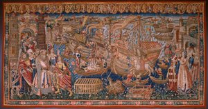 フランダースのタペストリー。 シリーズ インドのポルトガル人: カリカットへの到着 (カリカットの De Aankomst、Llegado de Vasco de Gama a Lisboa)。 Ca 1510. Collection Caixa Geral de Depósitos、リスボン。