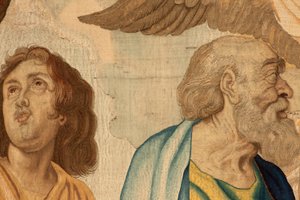 フランダースのタペストリー。 シリーズ聖体の勝利。 4 人の伝道者 (Los cuatro evangelistas)。 シリーズ11作目のタペストリー。 モデルのピーター・パウル・ルーベンス。 1626-1628。 製造 Jan II Raes、Hans Vervoert、Jacques Fobert、ブリュッセル 作： Flemish School
