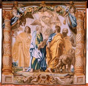 フランダースのタペストリー。 シリーズ聖体の勝利。 4 人の伝道者 (Los cuatro evangelistas)。 シリーズ11作目のタペストリー。 モデルのピーター・パウル・ルーベンス。 1626-1628。 製造 Jan II Raes、Hans Vervoert、Jacques Fobert、ブリュッセル 作： Flemish School