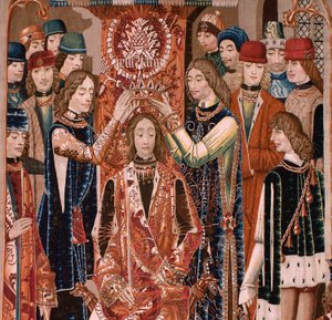 フランダースのタペストリー。 シリーズ不明。 ローマ史？ Tarquinius Priscus (タルキーノ・プリスコ)。 ブリュッセルの工房で製造?. 1475 年頃。布 ウールとシルク、1 cm あたり 6 本の縦糸。 起源 アルバ デ アリステ伯爵の寄贈品で、1608 年に大聖堂に到着しました。 ロカティ