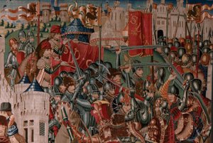 フランダースのタペストリー。 シリーズ不明。 ローマ史？ Tarquinius Priscus (タルキーノ・プリスコ)。 ブリュッセルの工房で製造?. 1475 年頃。布 ウールとシルク、1 cm あたり 6 本の縦糸。 起源 アルバ デ アリステ伯爵の寄贈品で、1608 年に大聖堂に到着しました。 ロカティ 作： Flemish School