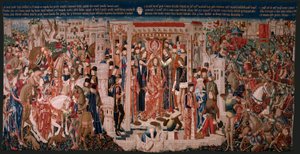 フランダースのタペストリー。 シリーズ不明。 ローマ史？ Tarquinius Priscus (タルキーノ・プリスコ)。 ブリュッセルの工房で製造?. 1475 年頃。布 ウールとシルク、1 cm あたり 6 本の縦糸。 起源 アルバ デ アリステ伯爵の寄贈品で、1608 年に大聖堂に到着しました。 ロカティ 作： Flemish School
