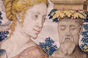 フランダースのタペストリー。 シリーズ Vertumnus and Pomona: 農夫に変身した Vertumnus (Vertumnus as farmer, Vertumno transformado and agricultor)。 ウィレム・ド・パンネメーカーのアトリエ。 1545～1550年頃。 詳細。 作： Flemish School