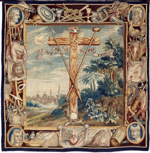 フランダースのタペストリー。 聖十字架の栄光。 17世紀。 教会 Sint-Walburgakerk Oudenaarde (Sint-Walburga の牧師) の所有物。 作： Flemish School