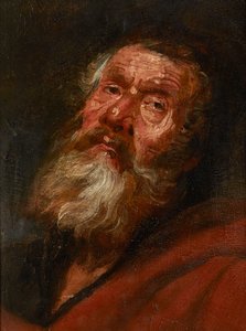 使徒の頭のスケッチ（キャンバスに置かれた紙に油彩、オークのパネルに置かれた） 作： Flemish School