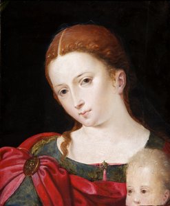 青いドレスに赤いマントを着た少女の頭と肩 1550年頃（パネルに油彩、オーク材 作： Flemish School