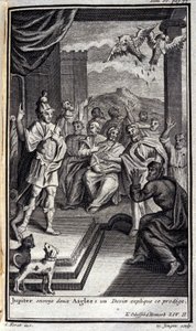Jupiter sends two eagles: a soother explained this prodigy.1731年にアムステルダムで出版された『オデュッセー』の中の、ホメレの『オデュッセー』第2巻の挿絵、ミラノのコレクション・プライヴェート。 作： Flemish School