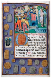 MS 4, vol.127, f.112v 「聖セバスチャンの殉教」 巡礼者のバッジとヴェルニクルのだまし絵の縁取り付き、フランドル地方、16世紀初頭の時祷書より（ベラムにペンとインク、テンペラ 作： Flemish School