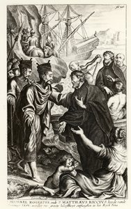マイケルロジェリウス（1543-1607）とマッテウスリキウス（1552-1610）が中国の海岸に到着、アントワープで出版されたP.コーネリアスハザートによる教会の歴史の挿絵、1668年 作： Flemish School