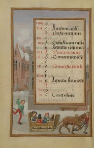 Ms 1058-1975 f1v雪の中のストリートシーン、1月の照明付きカレンダーページ、Book of Hours、c.1500から 作： Flemish School