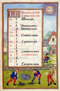 Ms 1058-1975 f3r Digging and Tree Planting、3月の照明付きカレンダーページ、Book of Hours、c.1500から 作： Flemish School