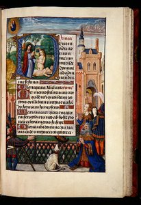 Ms 1058-1975, f.74r:聖母子に祈りを捧げるダビデ王と、イブの創造を描いた歴史的なイニシャルD（1510年頃、ブルージュの時祷書より）（羊皮紙に金インク、テンペラ 作： Flemish School
