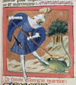 ジェイコブスデヴォラジネ作の黄金の伝説のMs Gen IIII f.81r St George and the Dragon（c.1228-98） 作： Flemish School
