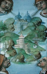 Ms.Hunter 9 f.47v アヴィケンナ（980-1037）の「De Medina Fen I. II」より、海辺の風景の角で吹く4つの風（vellum) 作： Flemish School