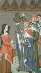 Ms Hunter 9 f.84r A vicennaによるDe Medina Fen I. IIのurinalis magnusを運ぶバスケットを持つ女性（980-1037）
