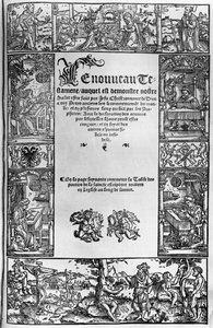 1531年にアントワープで発行されたジャック・ルフェーブル・デタプル（1450？-1537）によるフランス語翻訳の新約聖書のタイトルページ 作： Flemish School