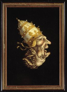 """Pope-devil"" (Pope Devil) ルター派のルター派の似顔絵で、悪魔の中に入れ子になった教皇のプロフィールを表しています - 匿名の絵画、1600 年頃 (オランダ語) Museum Catharijneconvent、ユトレヒト オランダ 作： Flemish School