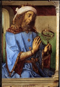 ギリシャの天文学者プトレミー（Claudius Ptolemaeus, ca. 90-168）の肖像。ペドロ・ブルゲテ（約1450-1504年前）とジャスト・オブ・ヘント（1435-1480年）による絵画。フラム 作： Flemish School