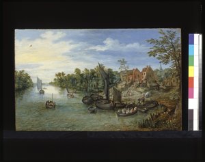 川の風景（木に油彩） 作： Flemish School