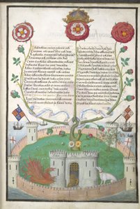 ロイヤル MS 11 E Xl fol.2 チューダーのシンボルを含む詩、1516 年頃（ベラム） 作： Flemish School
