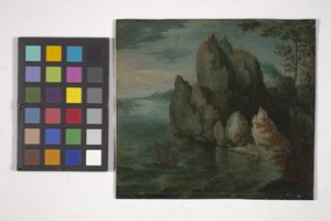 高い崖のある海景（銅に油彩） 作： Flemish School