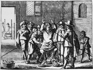 首飾りが拷問にかけられる魔術師-1725年、アブラハム・パリンの「La Sorcellerie demasquee」（「