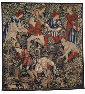 フェレットでウサギを狩る農民を描いたタペストリー、トゥルネー、1450-75年頃（羊毛） 作： Flemish School