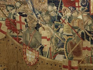 ポルトガル王アルフォンソ5世の征服を描いたタペストリー（Conquistas de Alfonso V de Portugal）、トゥルナイ。詳細(ウールとシルク) 作： Flemish School