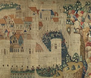 ポルトガル王アルフォンソ5世の征服を描いたタペストリー（Conquistas de Alfonso V de Portugal）、トゥルナイ。詳細(ウールとシルク) 作： Flemish School