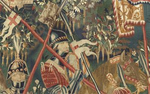 ポルトガル王アルフォンソ5世の征服を描いたタペストリー（Conquistas de Alfonso V de Portugal）、トゥルナイ。詳細(ウールとシルク) 作： Flemish School