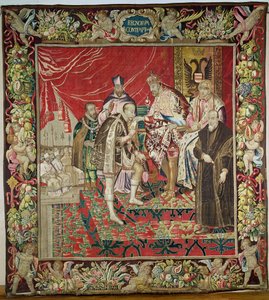 チャールズ5世の放棄（1500-58）チャールズクイントのタペストリー、c.1630-40 作： Flemish School