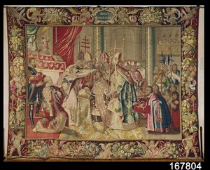 チャールズ5世のタペストリーからのチャールズ5世の戴冠式（1500-58）、c.1630-40 作： Flemish School