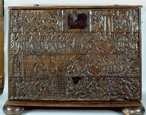 1302年にコートライで戦ったゴールデンスパーズの戦いのシーンを描いたコートライの胸（木材）