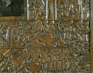 1302年にコートライで戦ったゴールデンスパーズの戦いの最中の5月18日のブルージュでの蜂起を描いたコートライの胸（木材）（詳細） 作： Flemish School