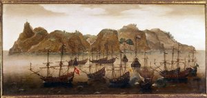 セントヘレナ島沖のオランダ艦隊。油彩画。17世紀アムステルダム海軍博物館 作： Flemish School