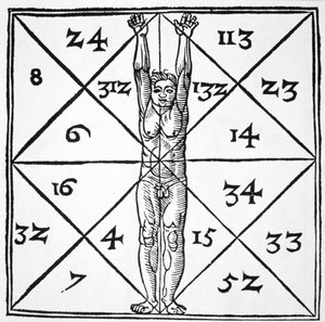 19世紀後半に発表された魔法の歴史に描かれたヘンリクスコーネリアスアグリッパ（1533）による、デオカルタフィロソフィアリブリIIIの人の割合とそのオカルト数 作： Flemish School