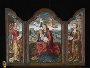 聖母子、聖バーバラ、聖キャサリンとのトリプティク（木に油彩） 作： Flemish School