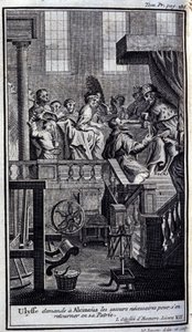 ウリスはアルキノウス（アルキノス）に祖国に帰るために必要な助けを求める。1731年にアムステルダムで出版された『ホメレのオデュッセイア』の第7巻の挿絵、ミラノのコレクション・プライヴェート。 作： Flemish School