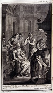 ユリシーズのペネロペへのインタビュー、ペネロペは彼のことを認めていない。1731年にアムステルダムで出版された『オデュッセー』の中のホメレのオデュッセー第19巻の挿絵、ミラノのコレクション・プライヴェート。