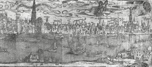 アントワープ港の眺め、右側のセクションの詳細、1515-50 作： Flemish School