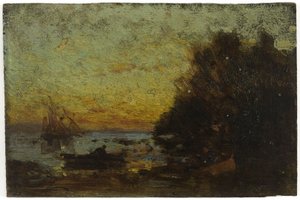 ボートとヨット、夕日。裏面：マリン、1850年から1860年の間（木に油彩） 作： Félix Ziem