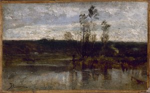 リバーサイド、1850年から1860年の間（油彩、紙、キャンバス） 作： Félix Ziem