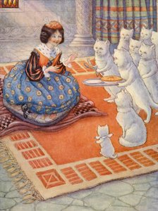 猫たちが王女にネズミのパイを持ってきた（カラーリトグラフ） 作： Flora White