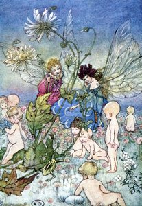 赤ちゃんに囲まれた女性-トンボ（妖精）とエルフ-フィオナ・マルコム作「私のおとぎの国」の中で。フローレンス・アンダーソン