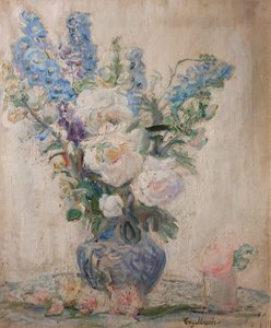 白いバラとデルフィニウム 作： Florence Engelbach