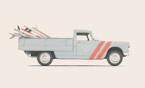 サーフボードを積んだピックアップカー、2019年（鉛筆、デジタル） 作： Florent Bodart